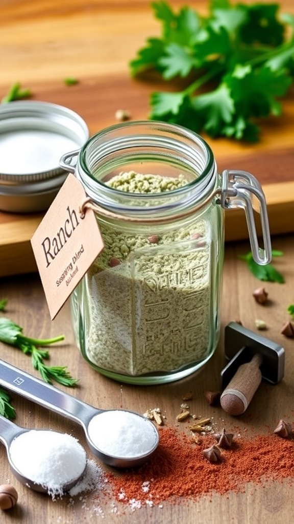 A jar of homemade ranch seasoning with fresh herbs and spices on a wooden cutting board.